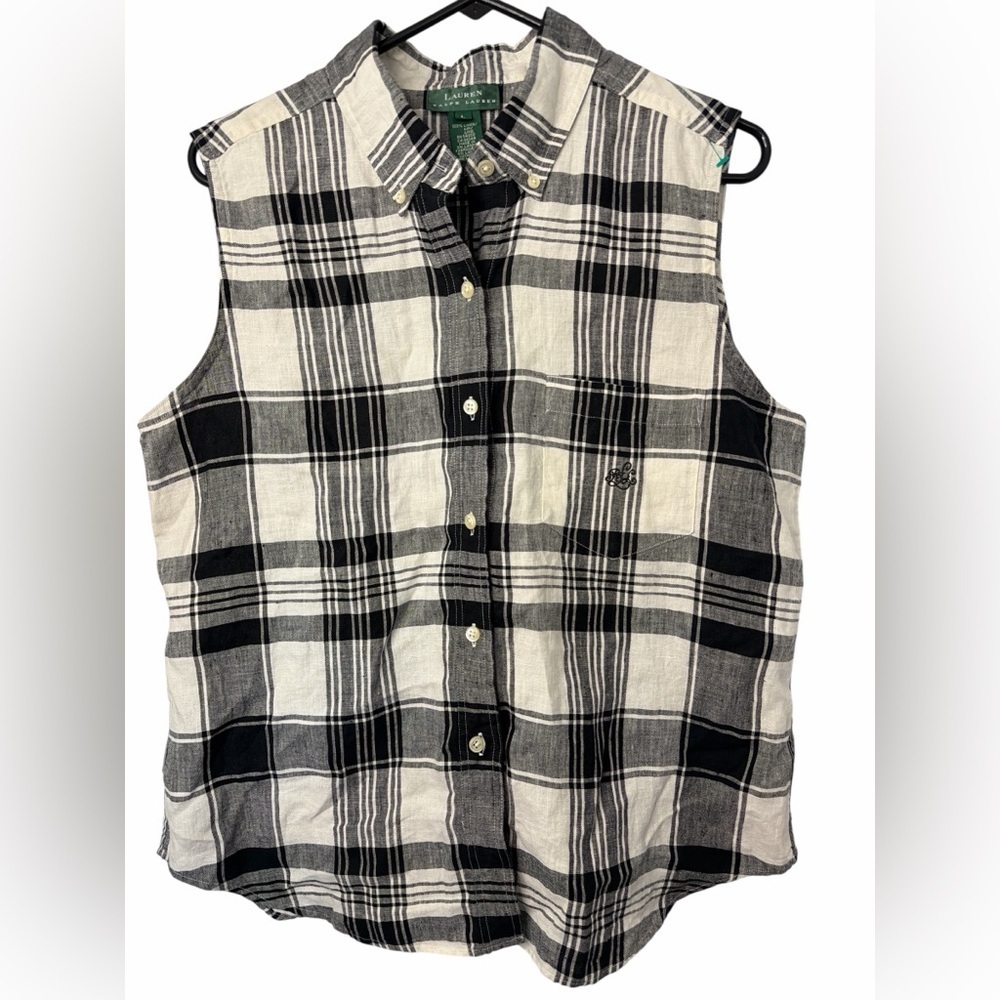 Lauren Ralph Lauren LINEN Black White Plaid Sleeveless Button Up Top